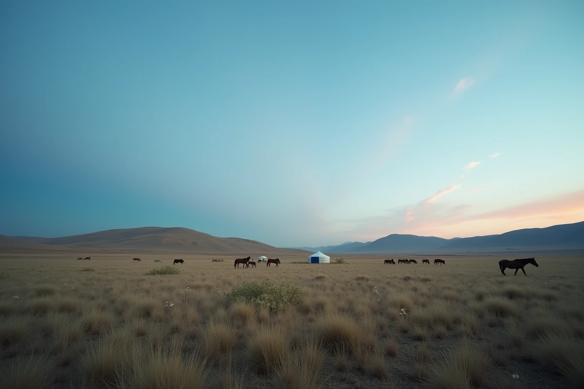 Steppe mongole au crépuscule avec une yourte blanche isolée et un troupeau de chevaux illustrant l'une des densités de population les plus faibles au monde