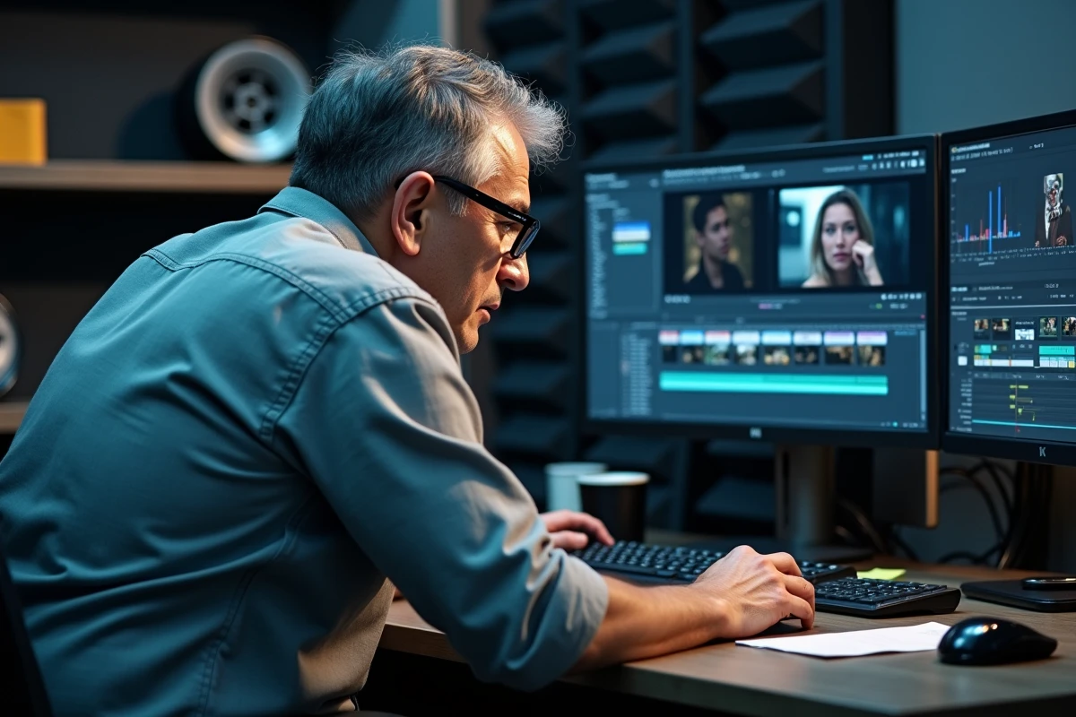 Monteur de film d'une quarantaine d'années travaillant sur une timeline de film de thriller dans un studio de post-production professionnel