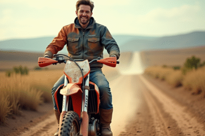 Jeune homme souriant sur une moto tout-terrain en pleine nature