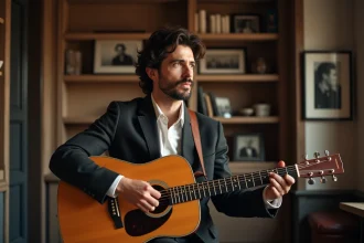 Musicien français jouant de la guitare acoustique dans un appartement parisien vintage, évoquant l'influence sentimentale sur sa carrière artistique