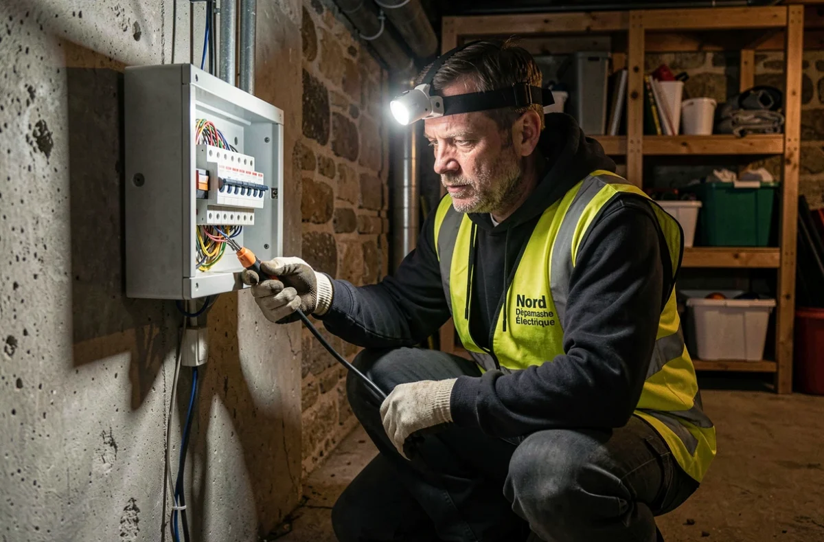 Technicien Nord Dépannage Électrique intervenant sur un tableau électrique dans une cave d'une maison du Nord