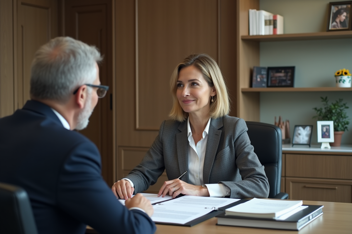 Notaire femme conseillant un couple dans un bureau professionnel