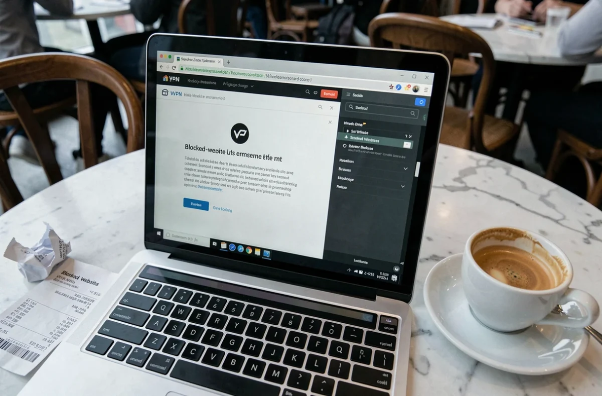 Ordinateur portable dans un café affichant un message de blocage de site et une interface VPN