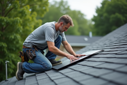 Ouvrier en denim posant sur un toit avec panneaux modernes