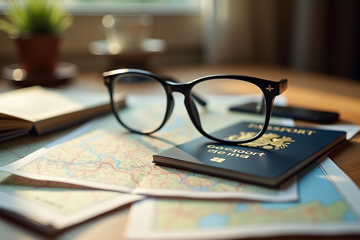 Passeport français et lunettes sur documents dans un bureau cosy
