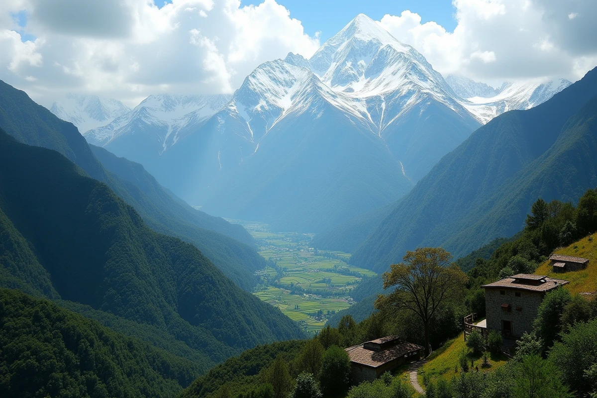 Paysage péruvien montrant les Andes enneigées, une vallée terrasse et la forêt amazonienne illustrant la diversité géographique du Pérou