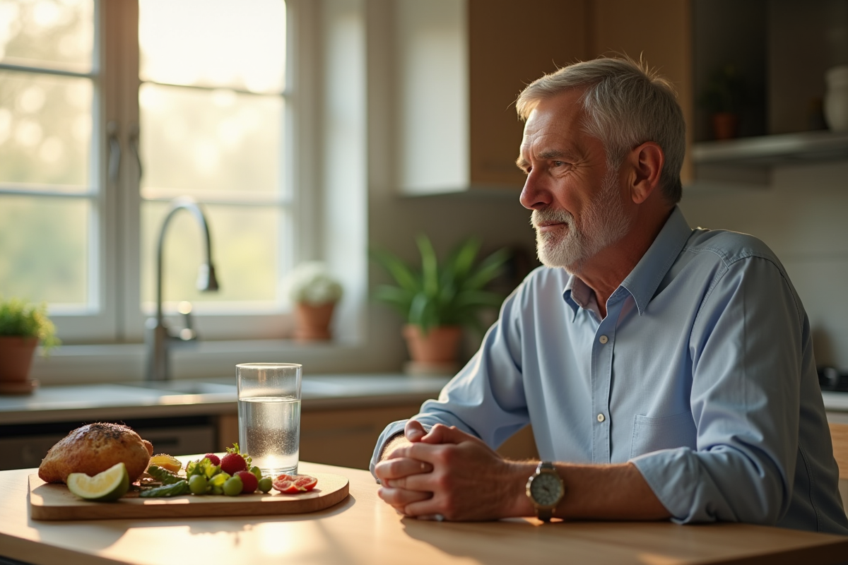 Personne réfléchissant à un repas sain au matin lumineux