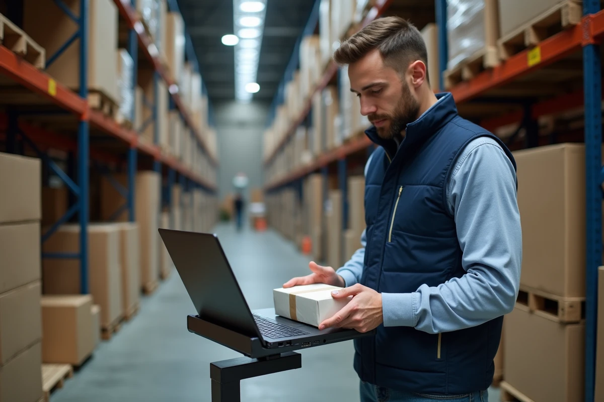 Employé logistique pesant un colis blanc sur une balance dans un entrepôt avec interface d'expédition ouverte sur ordinateur