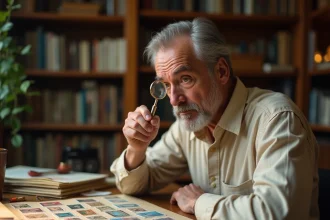Philatéliste examinant des timbres français anciens avec une loupe dans un bureau de collection
