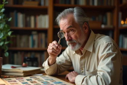 Philatéliste examinant des timbres français anciens avec une loupe dans un bureau de collection