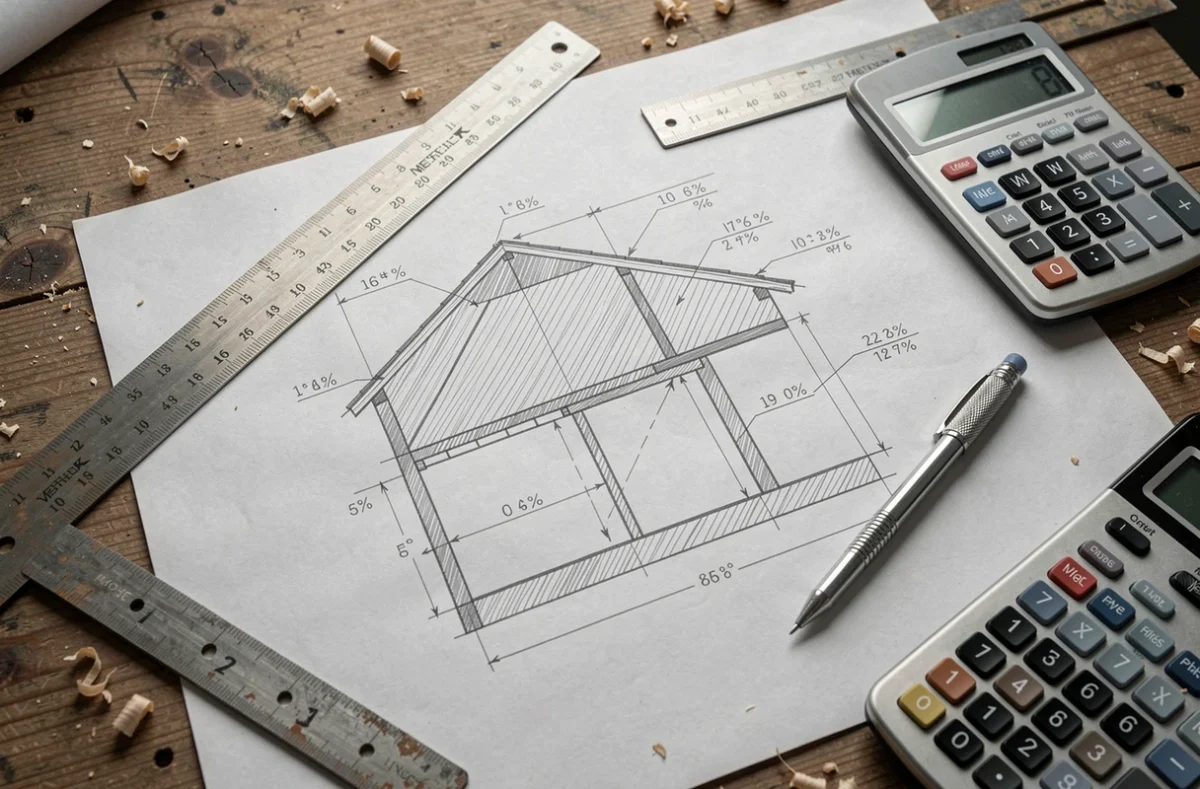 Plan technique de toiture avec annotations de pente en degrés et pourcentages, règle et calculatrice sur un établi de chantier