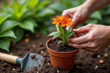 Main plantant une branche d'oleander dans un pot avec outils