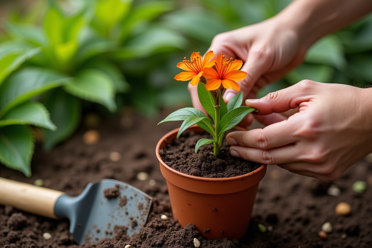 Main plantant une branche d'oleander dans un pot avec outils