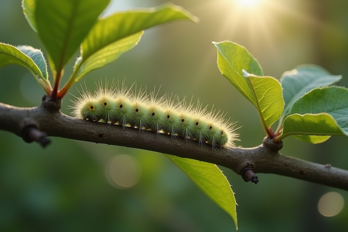 Plusieurs chenilles sur une branche d