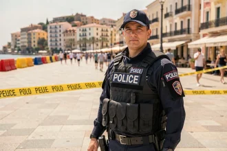 Policier en tenue tactique devant un périmètre de sécurité sur la Croisette à Cannes lors d'une enquête antiterroriste