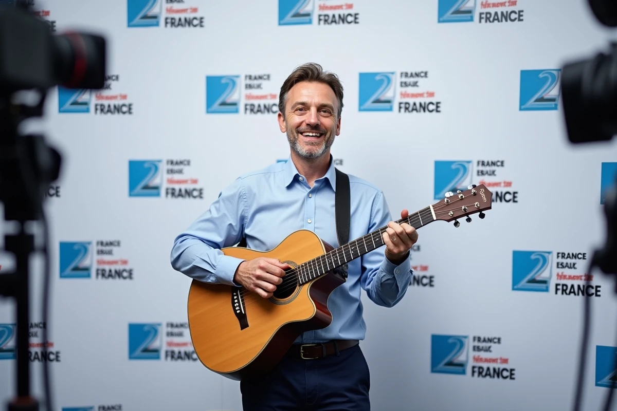 Portrait officiel du guitariste de l'émission Noubliez pas les paroles devant un fond presse France 2