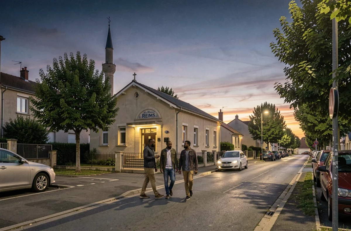 Groupe d'hommes arrivant à la mosquée de Reims lors d'un long crépuscule estival illustrant le décalage saisonnier des prières