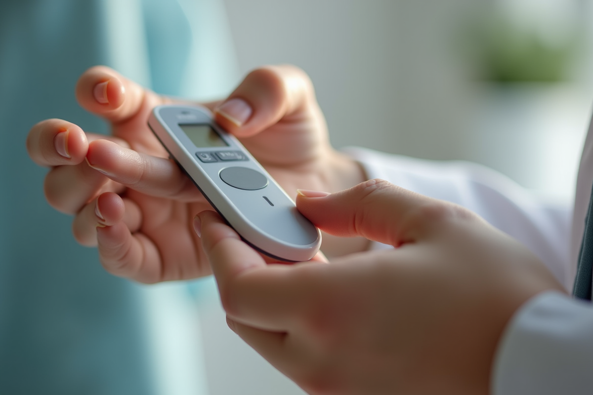 Mains utilisant un glucometre pour vérifier le taux de sucre