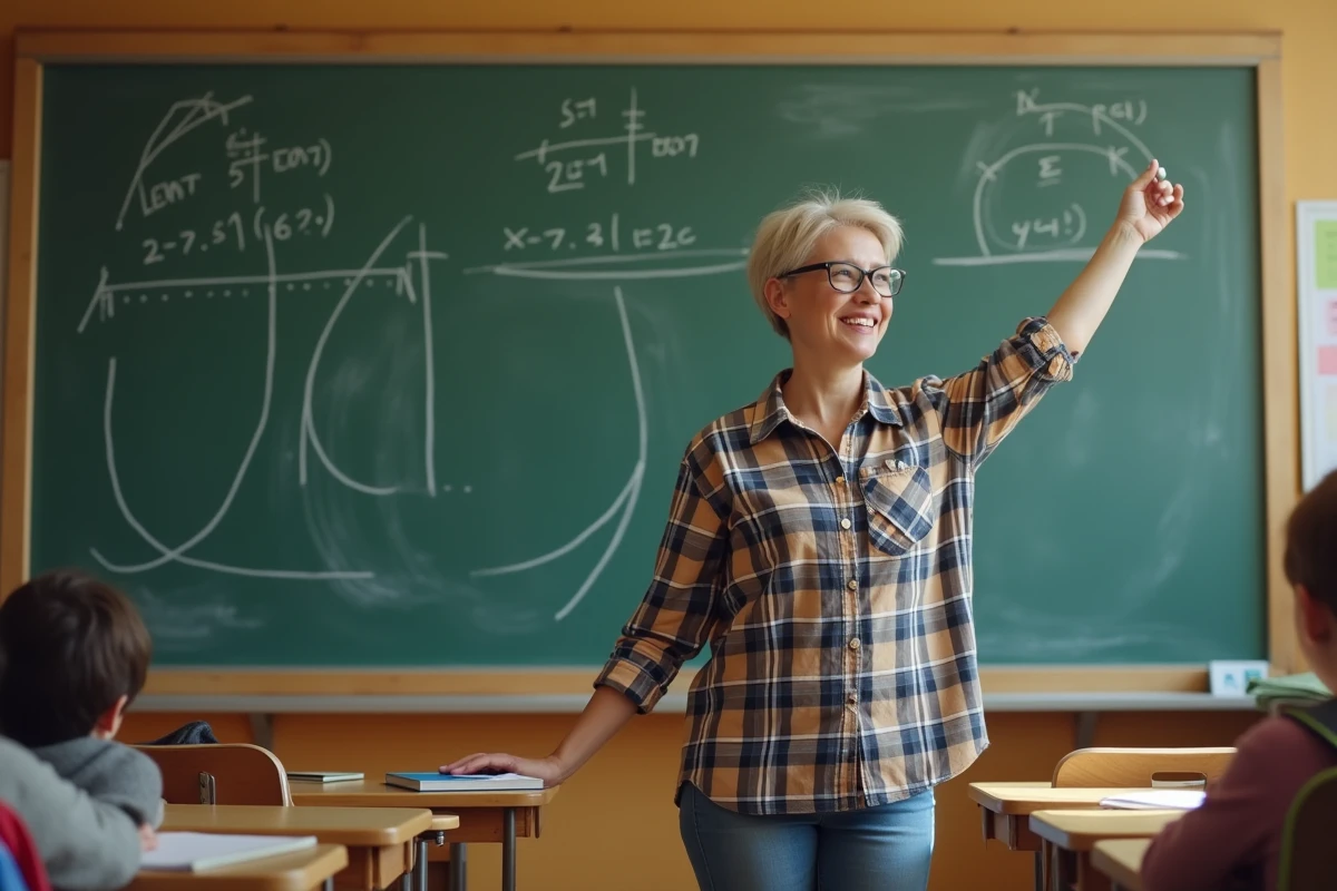 Femme en classe dessine un cercle au tableau avec craie colorée