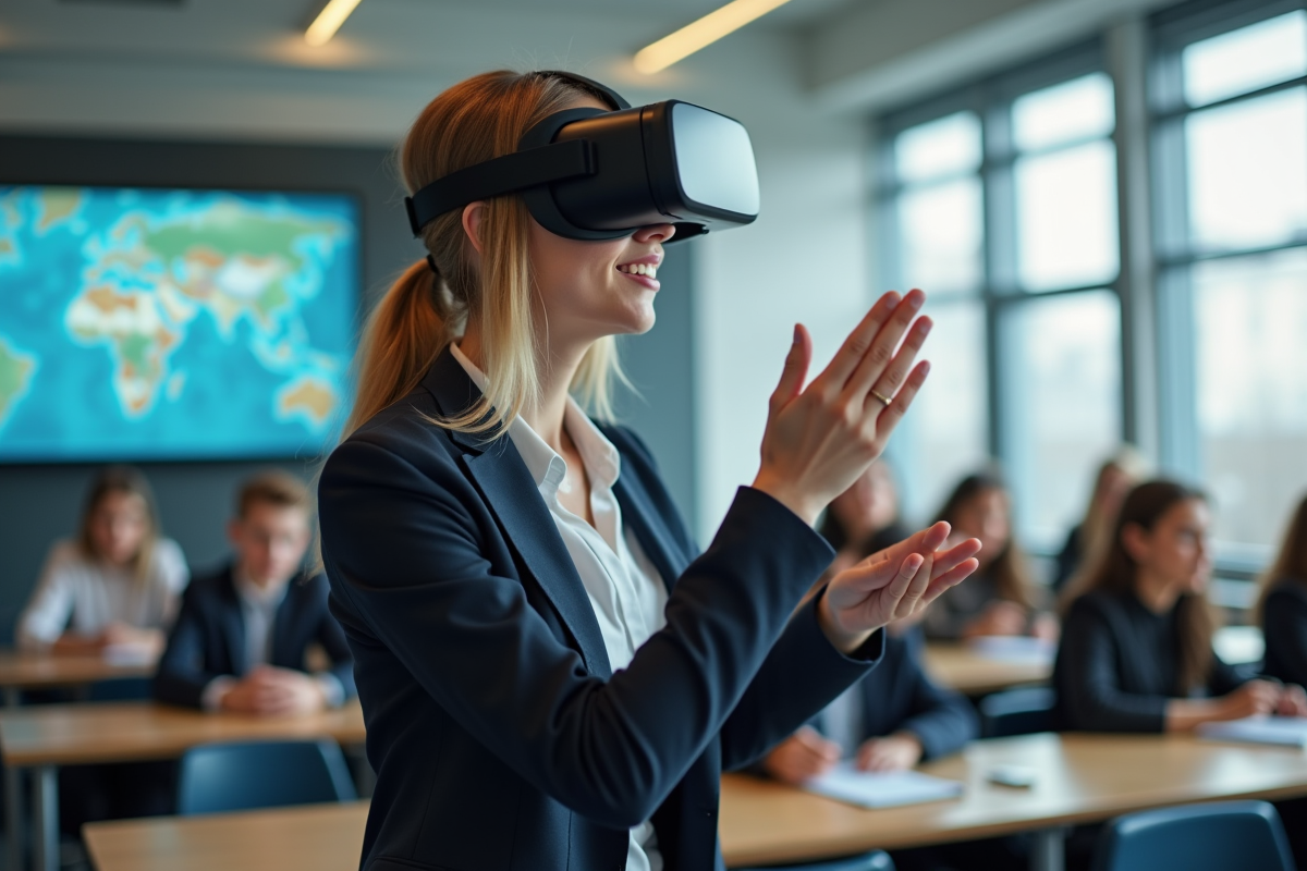 Professeure avec casque de réalité virtuelle en classe