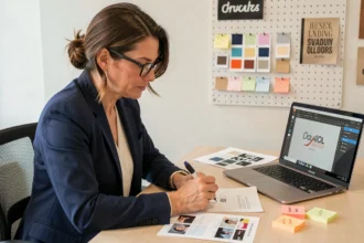 Professionnelle annotant un guide de marque imprimé à son bureau, entourée de références visuelles et d'un logiciel de design de logo