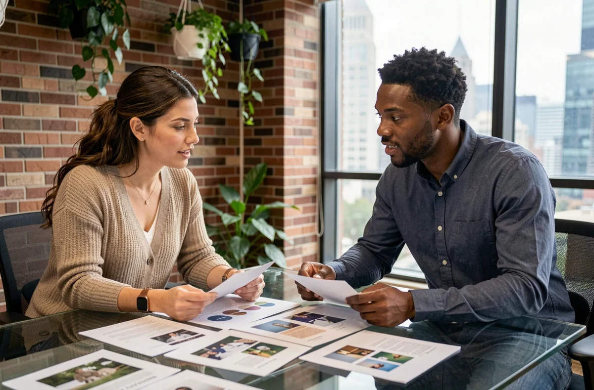 Deux professionnels créatifs internationaux collaborant autour de maquettes dans un espace de coworking moderne à l'étranger, symbolisant les opportunités d'emploi artistique international