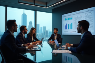 Groupe de professionnels discutant de visualisations de données