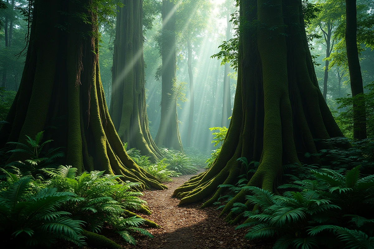 Forêt tropicale dense de la République démocratique du Congo avec d'immenses arbres aux racines contrefort et un sentier forestier