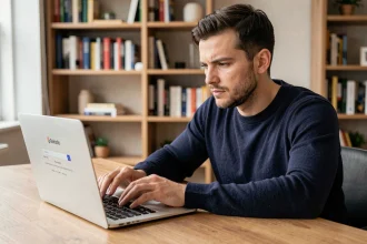 Homme cherchant une nouvelle adresse de site web sur son ordinateur portable dans un bureau à domicile