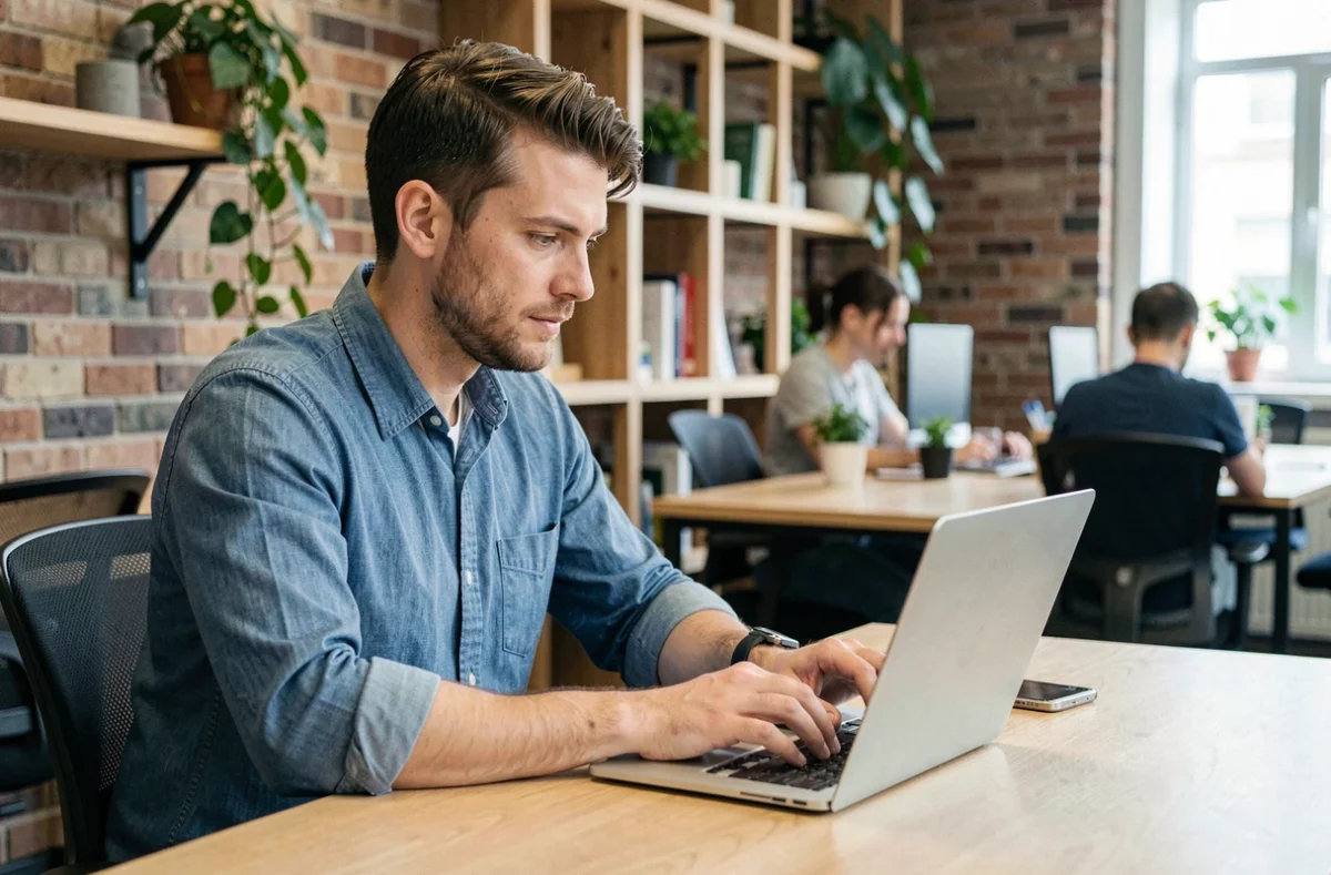Rédacteur freelance rédigeant un article invité dans un espace de coworking moderne