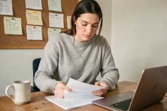 Femme rédactrice relisant des consignes éditoriales pour proposer un guest post sur Scoopium