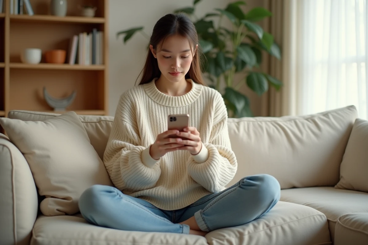 Jeune femme regardant anonymement une story Instagram sur son smartphone depuis son salon