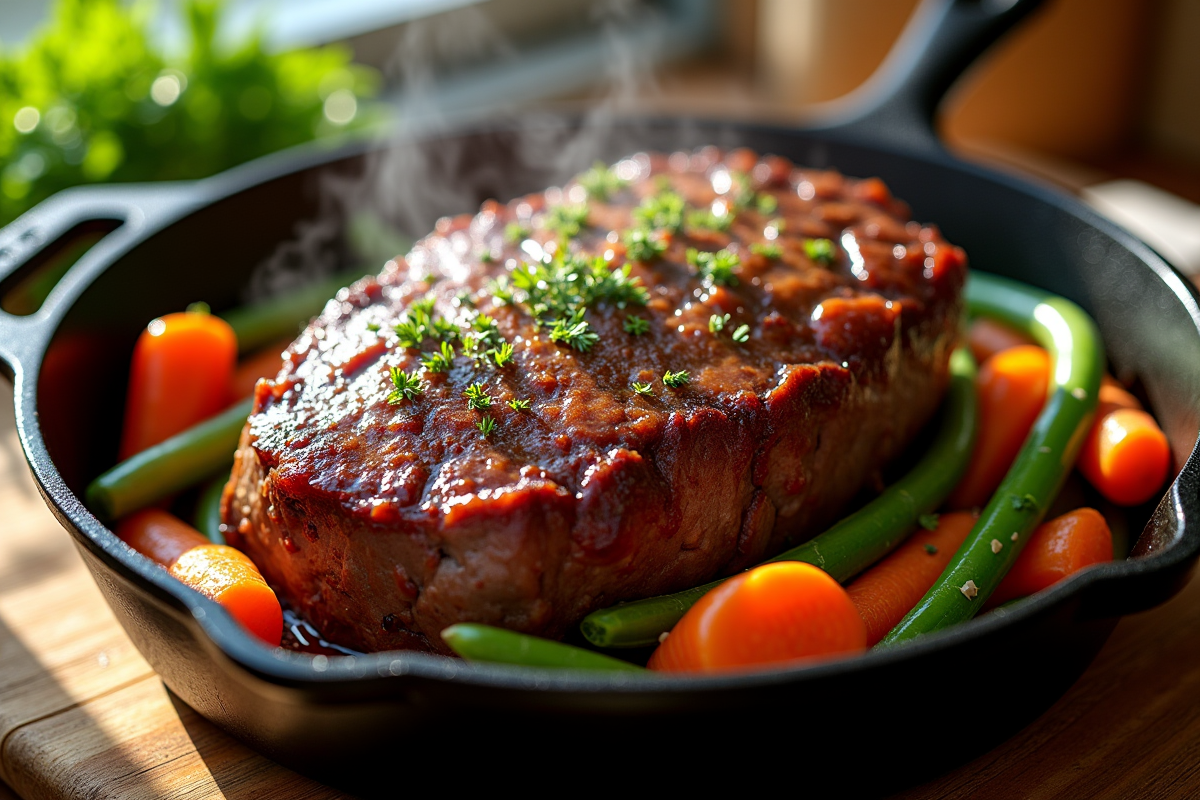 Rôti de boeuf chaud avec légumes de saison sur table rustique