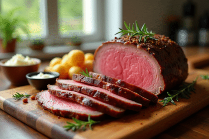 Rôti de boeuf tranché sur planche en bois avec herbes et pommes de terre