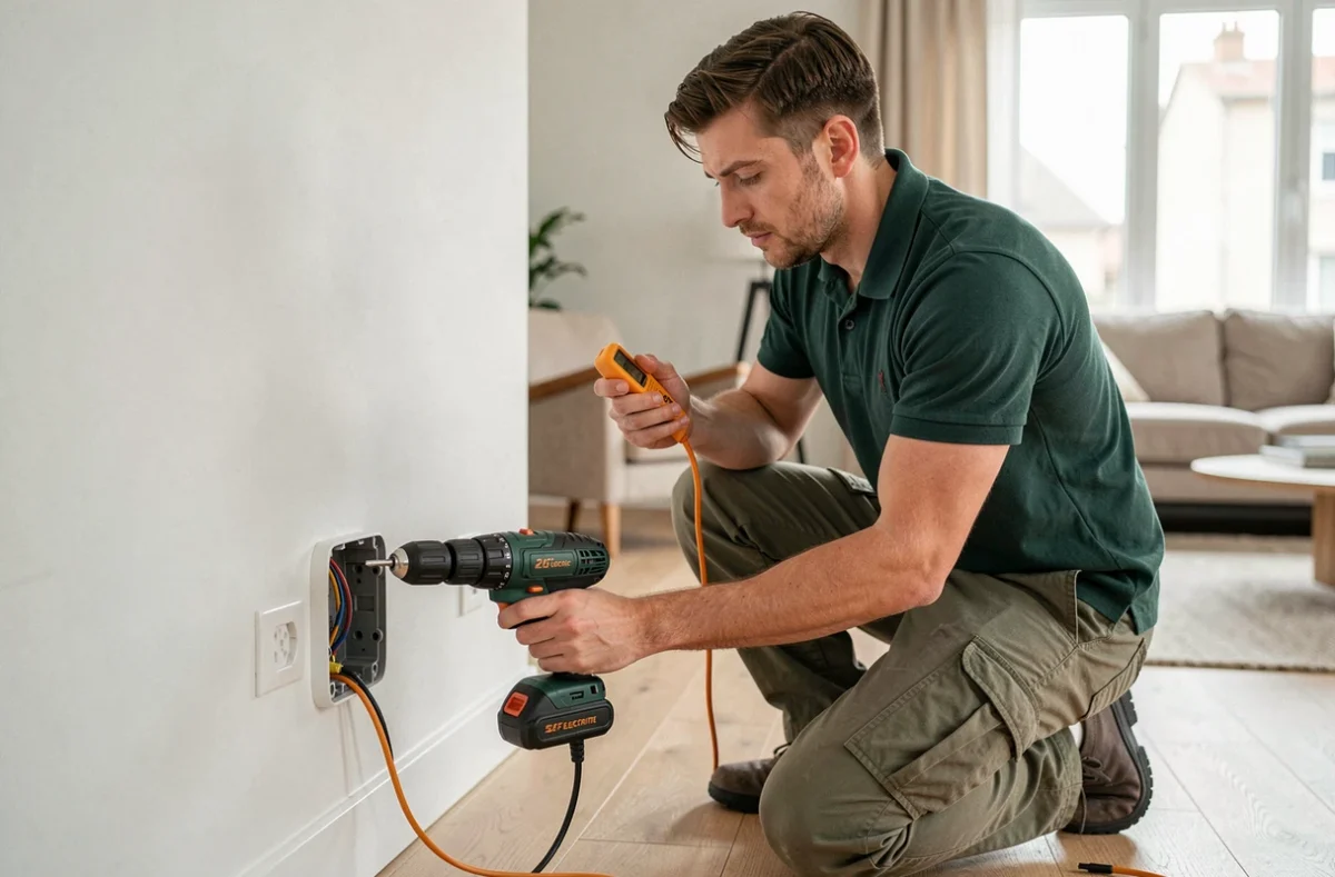 Électricien de S2F Electricité installant une prise de courant dans un salon contemporain