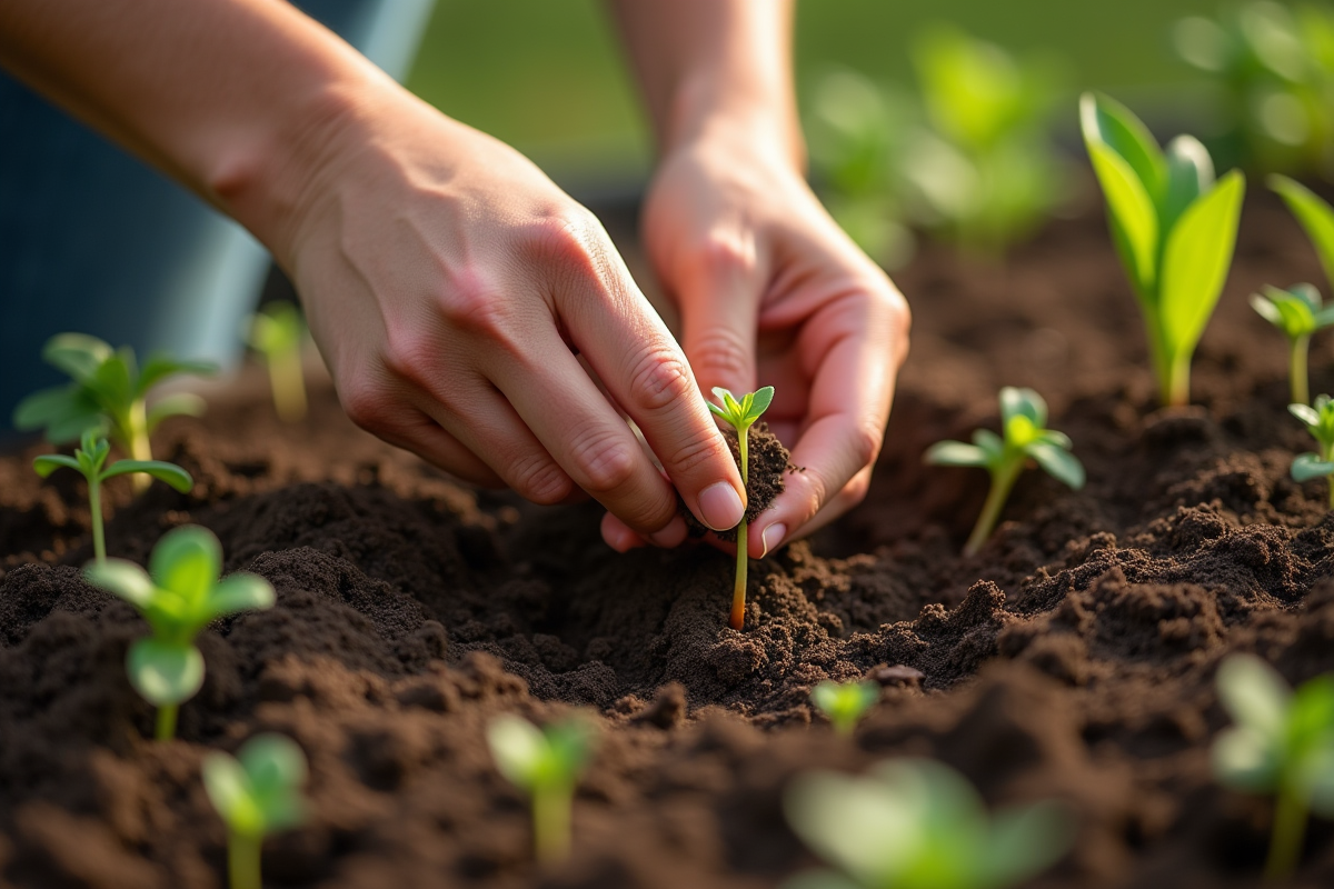 Main plantant des graines dans un jardin ensoleille
