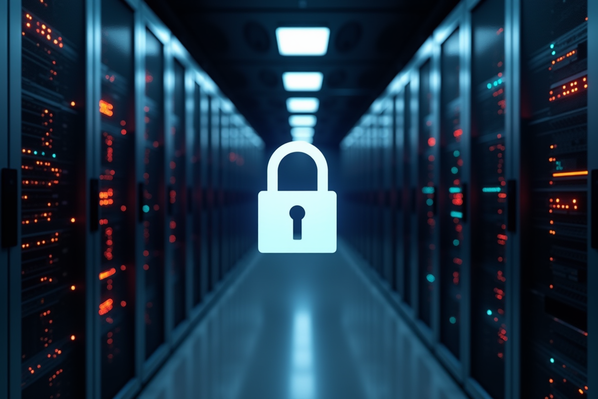 Salle serveurs avec icone de cadenas symbolisant la securite internet