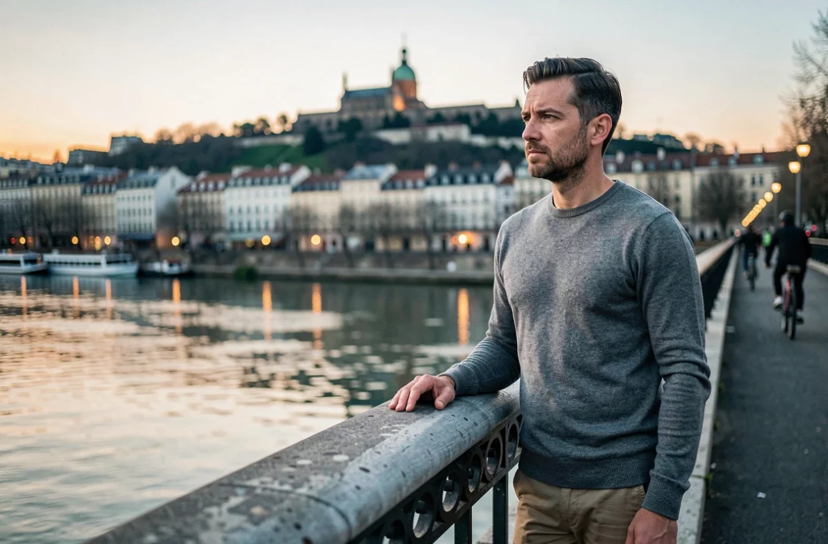 Homme se ressourçant sur une passerelle au bord de la Saône à Lyon en soirée avec vue sur Fourvière