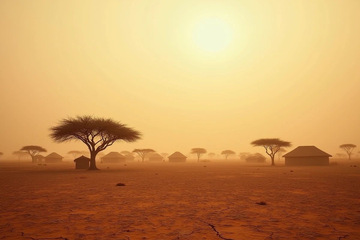 Savane soudanaise avec des acacias à tête plate et des huttes traditionnelles en chaume illustrant le territoire redessiné du Soudan