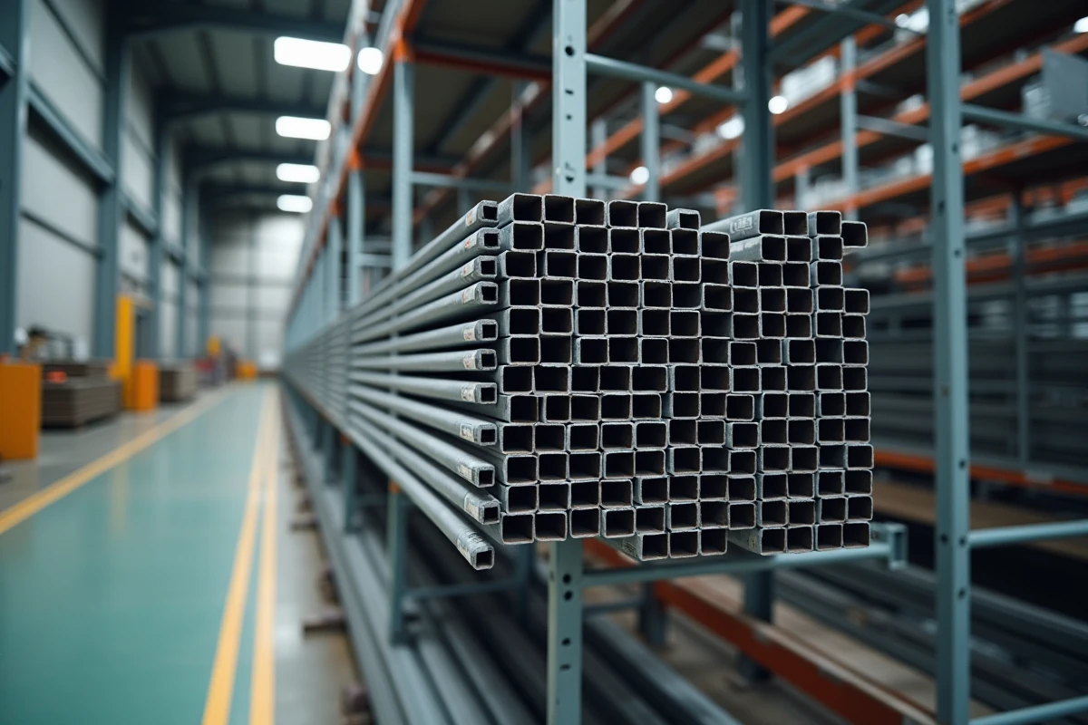 Rangées de tubes carrés en aluminium brut et anodisé stockés sur des étagères métalliques dans un entrepôt industriel
