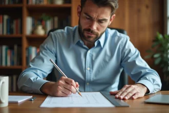 Homme consultant un tableau de conversion pouce centimètre imprimé sur un bureau en bois avec une règle métallique