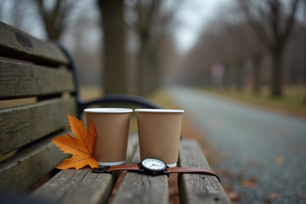 Deux tasses de café vides et une montre affichant 10h10 sur un banc de parc en automne, illustration poétique de la séparation entre flammes jumelles