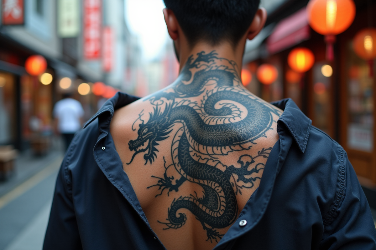 Détail d’un tatouage de dragon japonais sur le dos en extérieur