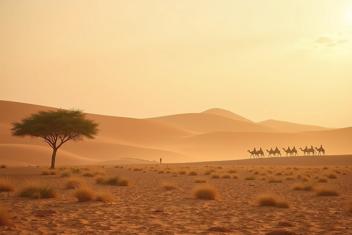 Paysage tchadien au carrefour du Sahara et du Sahel avec un baobab, des nomades et des chameaux traversant un terrain désertique