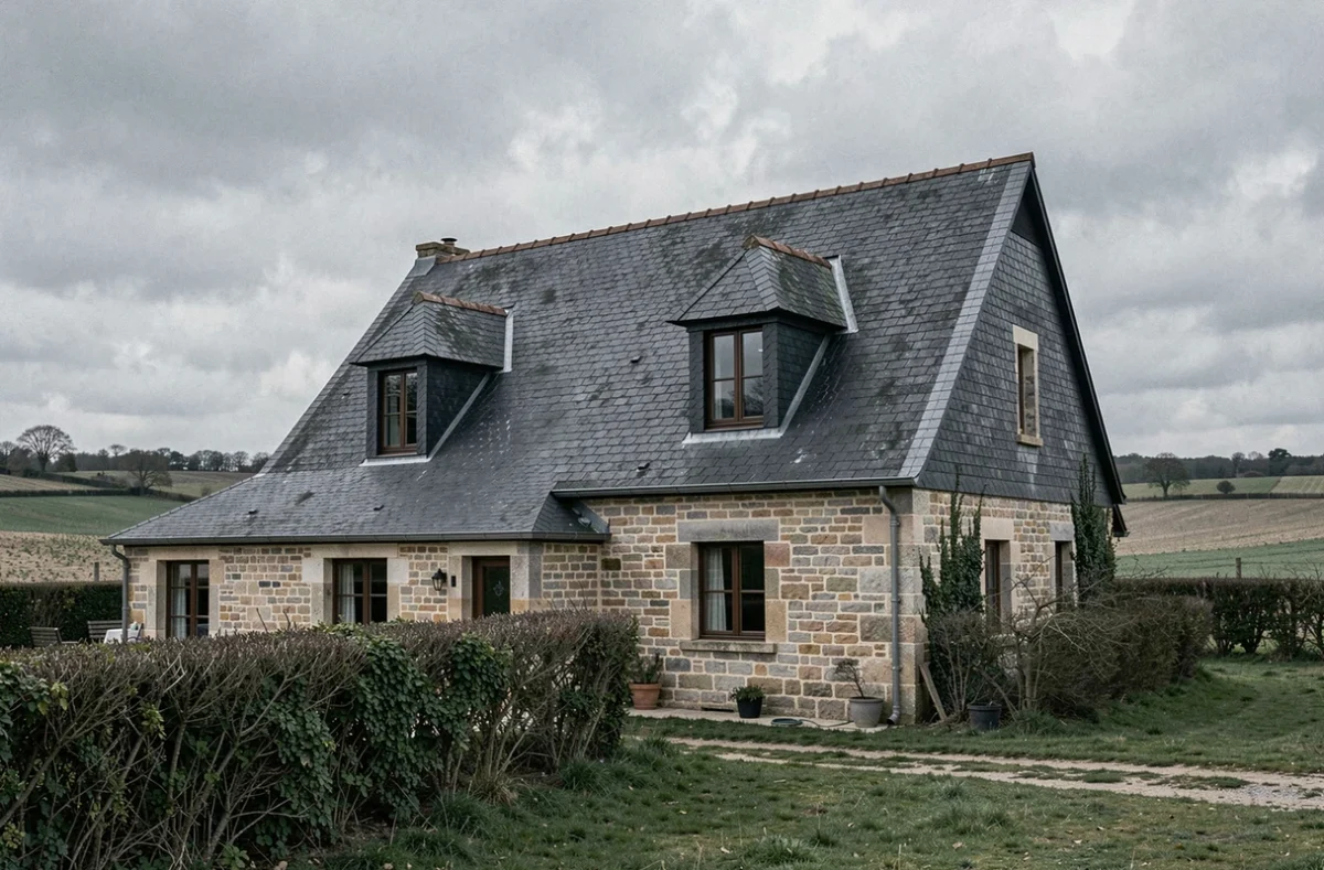Maison de campagne française avec toiture en ardoise à forte pente illustrant différents angles et inclinaisons de toit