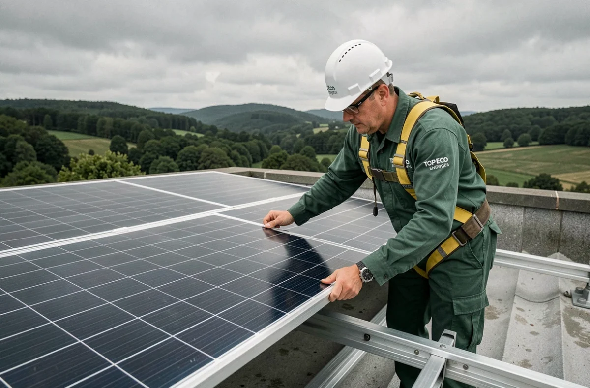 Technicien de Top Eco Energies installant des panneaux solaires sur une maison des Ardennes