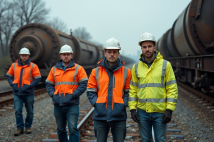 Groupe de travailleurs ferroviaires examinant un train déraillé