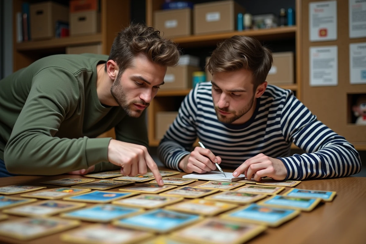 Deux collectionneurs adultes triant et comparant des cartes Pokémon étalées sur une table dans une salle de collection organisée