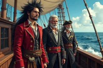 Trois hommes pirates légendaires sur un pont de navire en mer