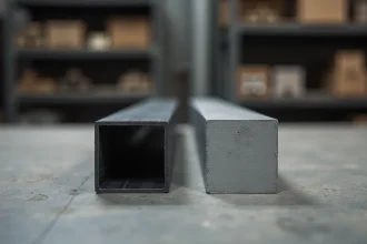 Comparaison côte à côte d'un tube carré aluminium anodisé gris mat et d'un tube carré aluminium brut brossé sur un établi en béton d'atelier industriel